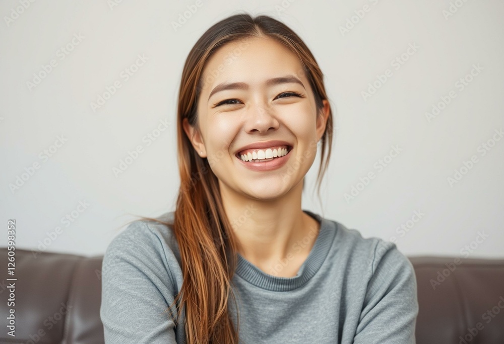 Photorealistic portrait of a laughing female with a warm expression Photorealistic portrait of a laughing female with a warm expression
