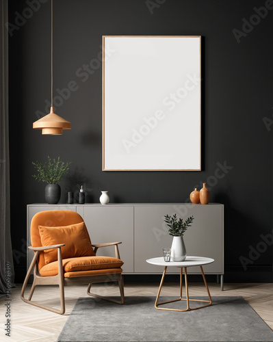 Fototapeta Naklejka Na Ścianę i Meble -  Frame mockup. Living room wall poster mockup. Interior mockup with house background. Modern interior design. 3D render. Orange color