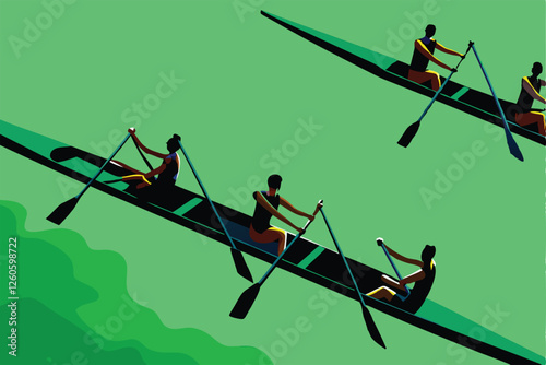 Create a vibrant vector illustration of people rowing boats on a river, emphasizing dynamic lines and realistic oars. Include detailed boat and river depictions.