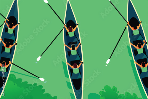Create a vector illustration of people rowing boats on a river, emphasizing dynamic lines and detailed oars.  Include realistic riverbank details.