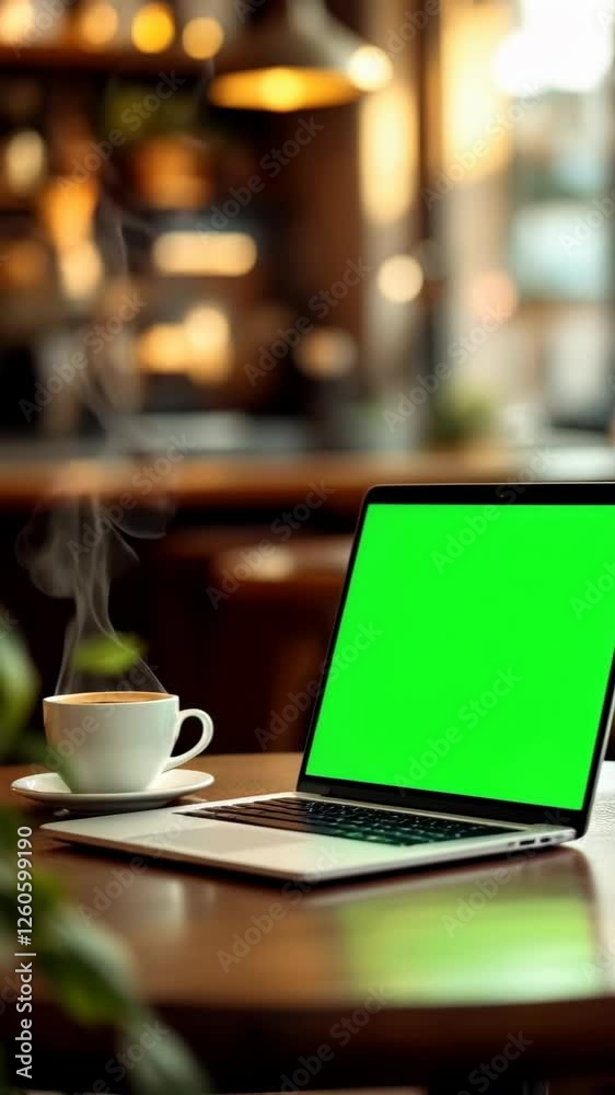 Cozy Workspace with a Laptop and Steam Rising from a Coffee Cup in a Warm Environment