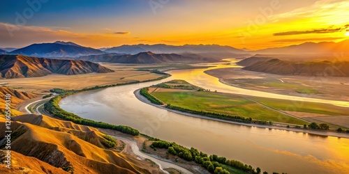 Dawn breaks over vast expanse of Yellow River in Sichuan Province China , yellow river, landscape, yellow river,landscape