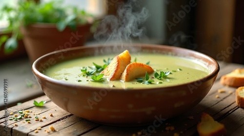 Steaming asparagus soup with garnishes in a rustic bowl on a wooden table
