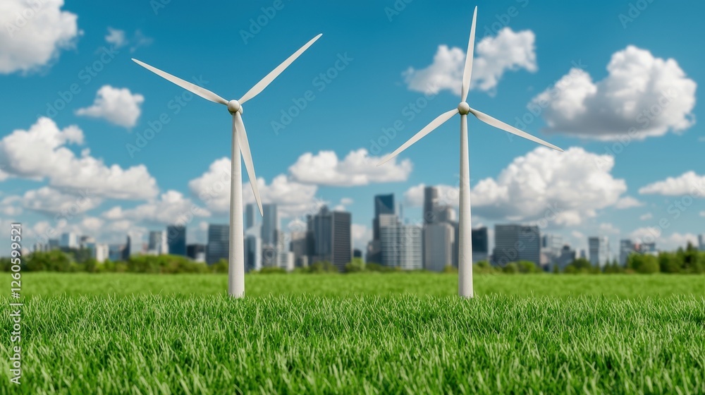 Wind Turbines in Lush Green Field with Urban Skyline and Blue Sky Highlighting Renewable Energy Sources Wind Turbines in Lush Green Field with Urban Skyline and Blue Sky Highlighting Renewable Energy Sources