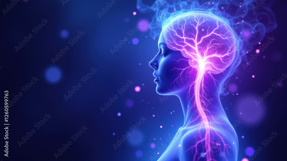 A graphic representation showing the concept of VNS or Vagus Nerve Stimulation with a focus on the brain and its neural connections. A graphic representation showing the concept of VNS or Vagus Nerve Stimulation with a focus on the brain and its neural connections.