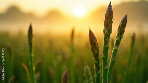 Green asparagus growing in a sunny field during sunrise with a soft mist in the background
