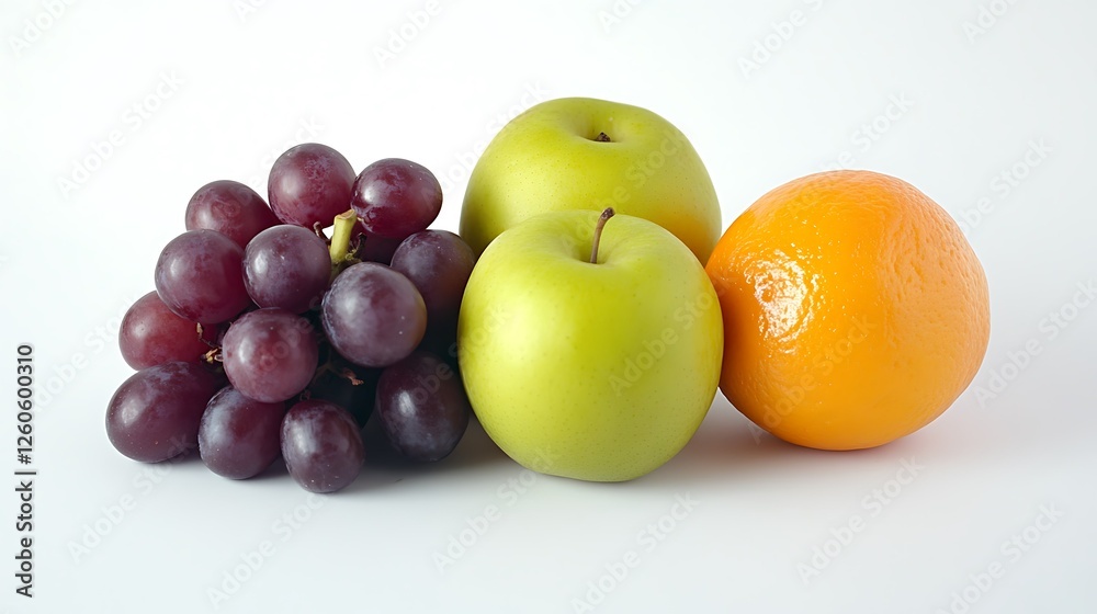 Fresh fruit arrangement grapes, apples, orange on white. Healthy eating concept Fresh fruit arrangement grapes, apples, orange on white. Healthy eating concept