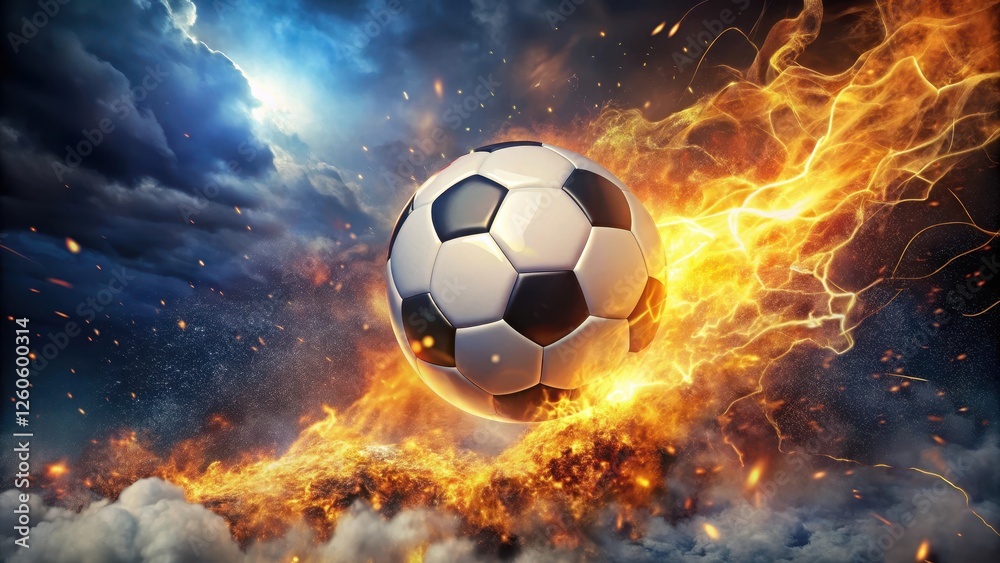 Naklejka premium Soccer ball set ablaze with fiery sparks and lightning bolts illuminating the darkened night sky, surrounded by swirling clouds of ash and smoke , night sky, sports equipment