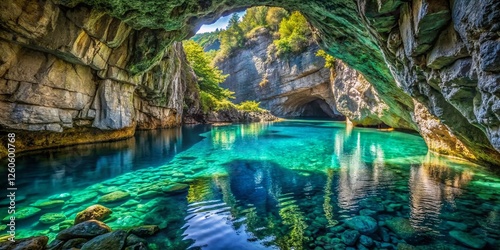 Crystal Clear Turquoise Water Surrounding Small Cave, Krupajsko Vrelo, Serbia photo