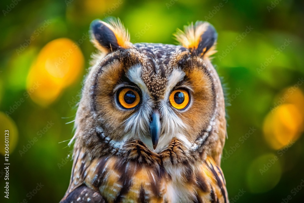 Fototapeta premium Curious Long-eared Owl: Macro Photography of a Young Asio otus Wagging its Head in Kaluzhskiy Region, Russia