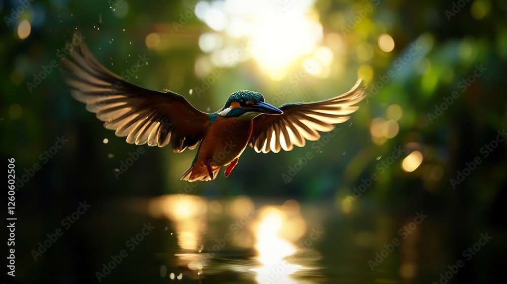 Fototapeta premium Kingfisher in Flight: A Golden Hour Masterpiece