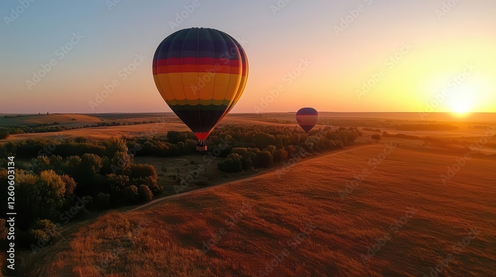 Obraz premium Vibrant rainbowcolored hot air balloons floating over an open field
