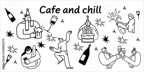 Aesthetic line-art illustration set for charming café. Featuring fancy people enjoying coffee, tea, and delicious treats. Perfect for café-themed designs, coffee lovers, coffee shops