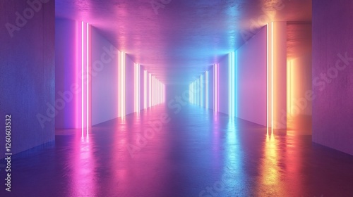 Futuristic corridor illuminated by vibrant neon lights  creating a surreal atmosphere