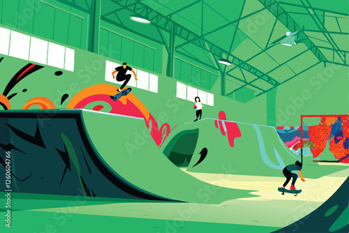 Create a vibrant vector illustration of a bustling skatepark featuring diverse skateboarders performing tricks on various ramps and rails. Include detailed shading and realistic skateboard designs.