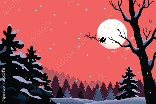 Silhouetted figure admiring a breathtaking snowy landscape at night, under a vibrant starry sky, amidst snow-laden trees.