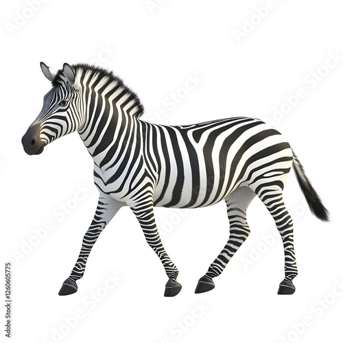Striking zebra with black and white stripes on transparent  + Standing zebra is isolated against a white background.