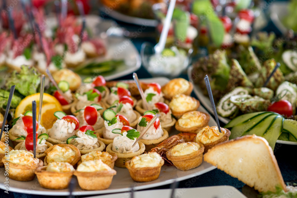 Snacks for the holiday, catering. Various snacks. Assortment of salads and buffet dishes. Meat, fish, cheese, salads, fruits and vegetables, sauces and canapes for celebrating a festive event. Snacks for the holiday, catering. Various snacks. Assortment of salads and buffet dishes. Meat, fish, cheese, salads, fruits and vegetables, sauces and canapes for celebrating a festive event.