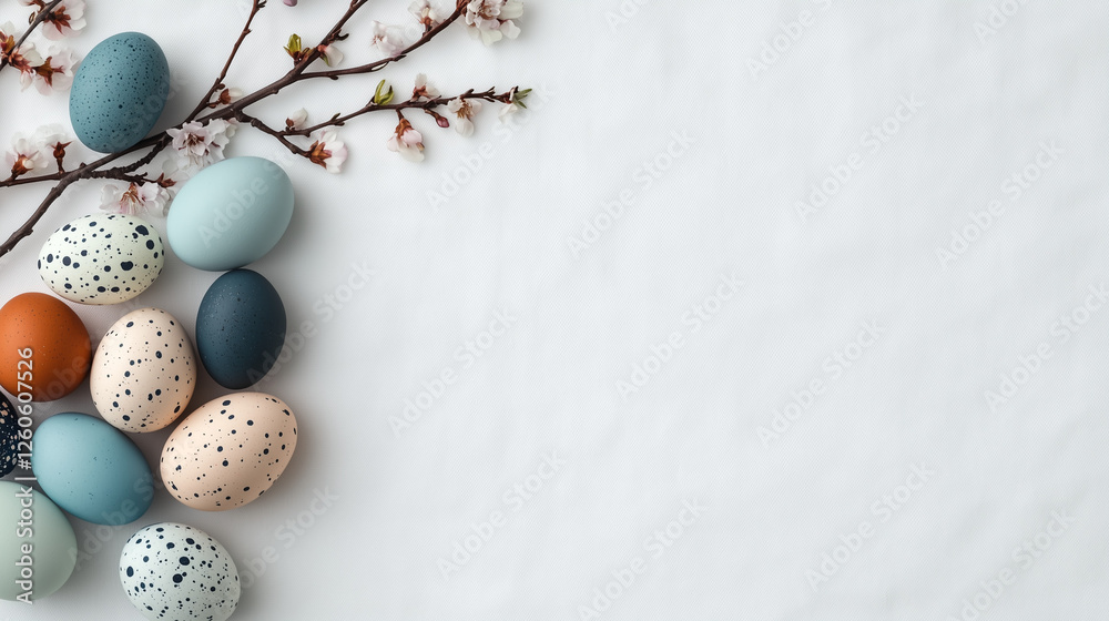 Pastel Easter eggs with spring blossoms on fabric, minimalist festive scene Pastel Easter eggs with spring blossoms on fabric, minimalist festive scene