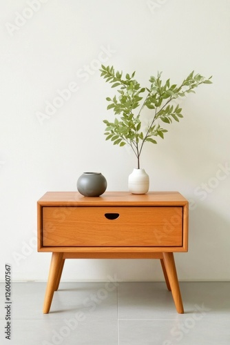 Nightstand holds vases with plant branches against a white wall for home decor