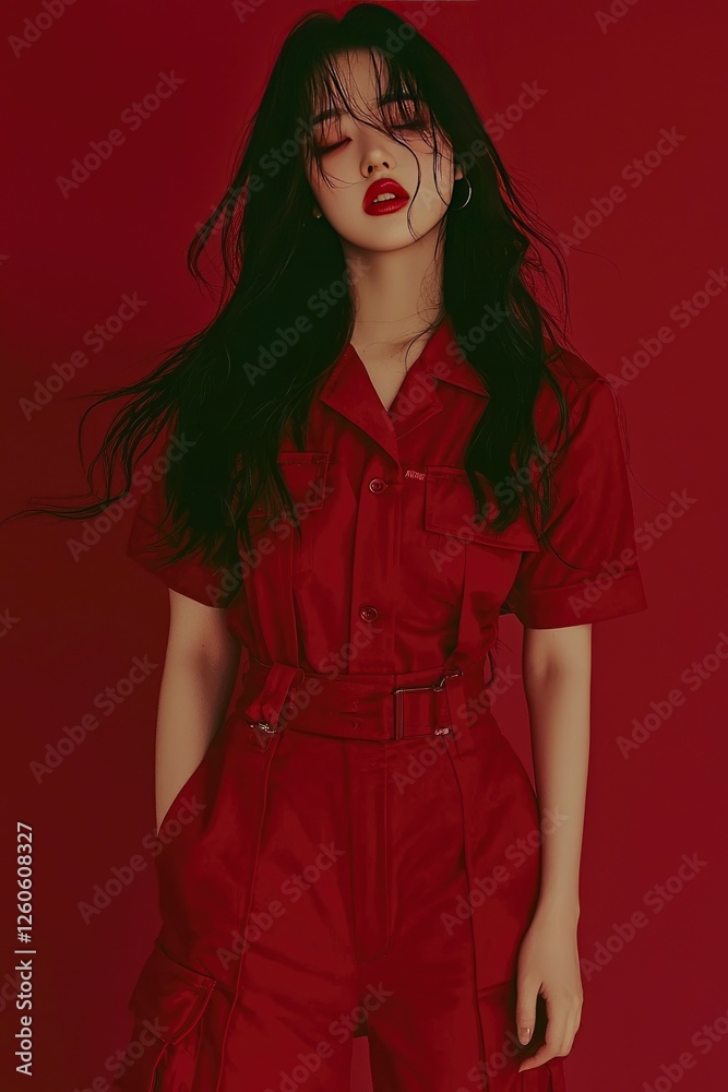 Fototapeta premium Crimson Enchantment Portrait of a Woman in a Red Jumpsuit