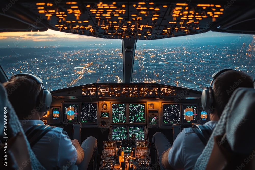Fototapeta premium Airplane pilots flying over city at night inside cockpit view