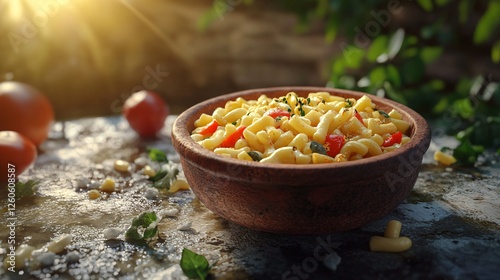 Mouthwatering Macaroni Dish in Clay Bowl photo