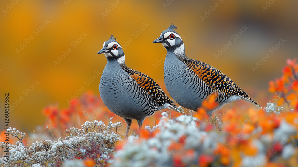 Obraz premium Two Beautiful Partridges Standing Amidst Vibrant Autumn Foliage