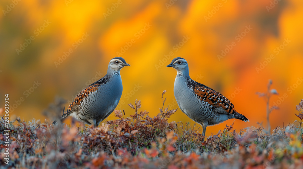 Two Graceful Partridges in a Vibrant Autumn Meadow Two Graceful Partridges in a Vibrant Autumn Meadow