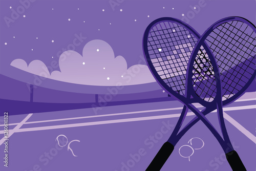 Create a vibrant vector illustration of a tennis court background featuring realistically rendered tennis rackets and balls.  Emphasize dynamic composition.