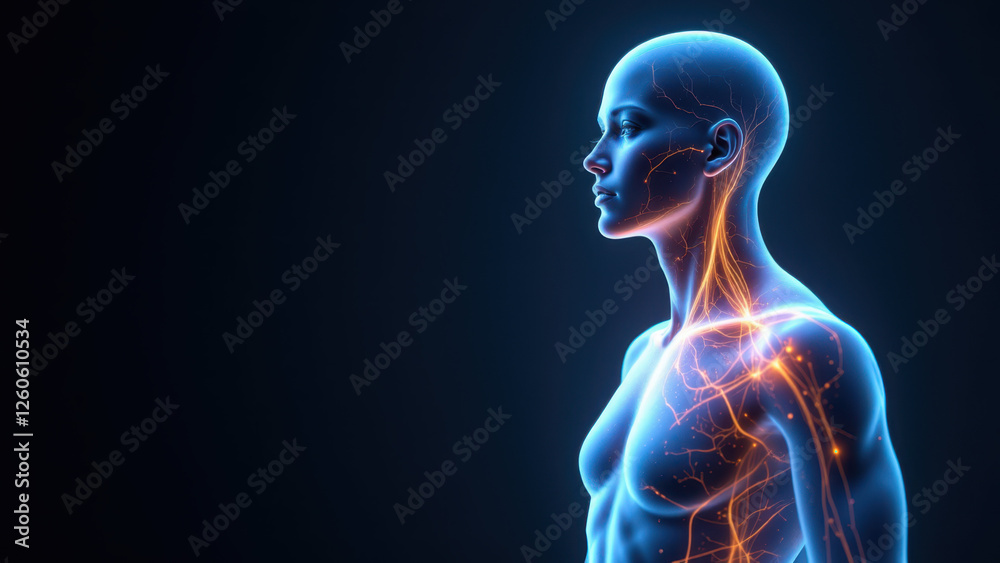 An anatomical representation showing VNS (Vagus Nerve Stimulation) with highlighted nervous system pathways. An anatomical representation showing VNS (Vagus Nerve Stimulation) with highlighted nervous system pathways.