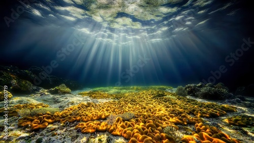 Marine biology deep sea climate concept. A serene underwater scene showcasing vibrant coral with sun rays penetrating the surface, creating a tranquil ambiance.