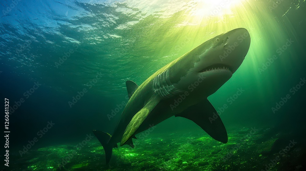 Marine biology deep sea climate concept. A graceful shark swims beneath the surface, illuminated by beams of sunlight filtering through the water, showcasing the beauty of marine life.