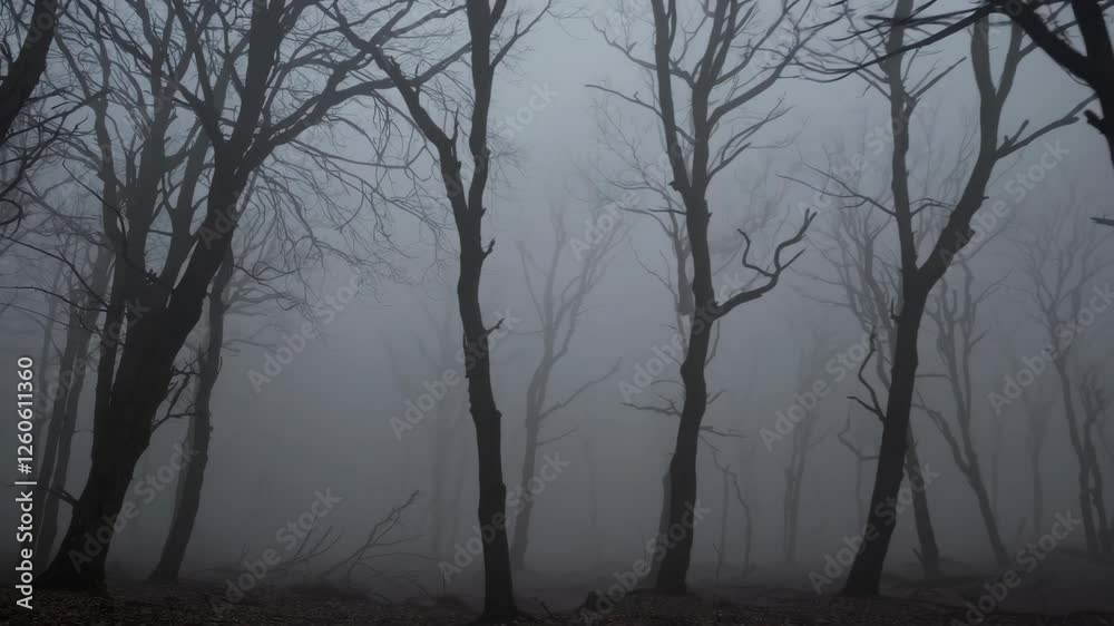 Foggy forest with bare trees in winter morning, mysterious atmosphere. Nature and tranquility concept Foggy forest with bare trees in winter morning, mysterious atmosphere. Nature and tranquility concept