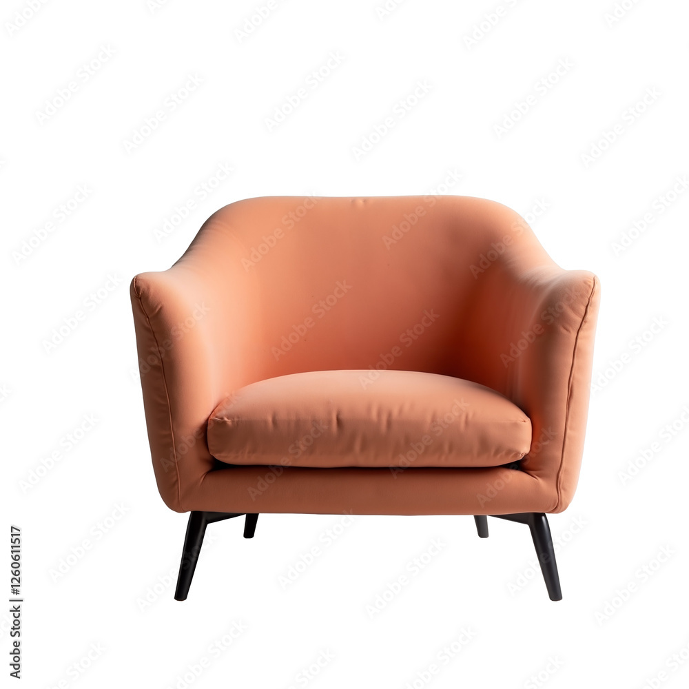 Stylish modern armchair with soft peach upholstery and sleek black legs positioned on an isolated white background for a clean and elegant aesthetic Stylish modern armchair with soft peach upholstery and sleek black legs positioned on an isolated white background for a clean and elegant aesthetic