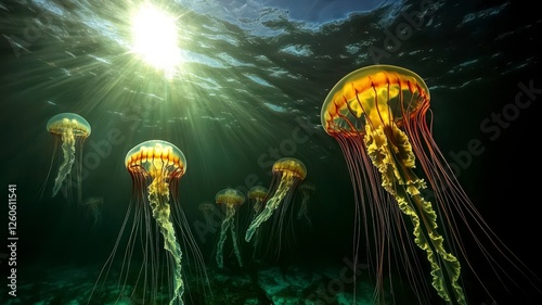 Marine biology deep sea climate concept. A mesmerizing underwater scene featuring glowing jellyfish illuminated by sunlight filtering through the water.