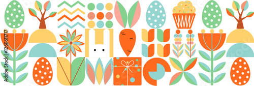 Seamless Easter pattern in modern minimalist style with geometric shapes, eggs. Abstract template for poster, branding, advertising, postcard, prints, banner.