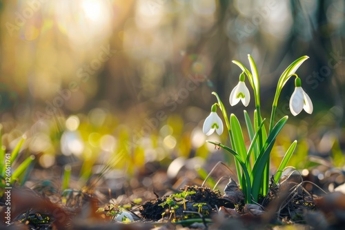 Flowers of snowdrop spring garden. Common snowdrop Galanthus nivalis flowers in natural green background. High quality photo