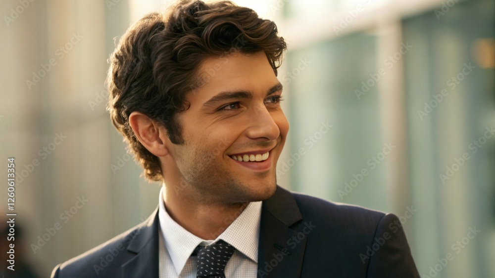 Fototapeta premium a handsome young businessman wearing a suit and tie, smiling warmly. He is looking away from the camera with a confident and optimistic expression, suggesting success and ambition