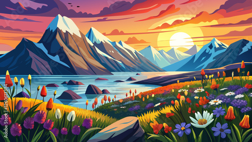 Wallpaper norway landscape nature of the mountains of Spitsbergen Longyearbyen Svalbard on a flowers polar day with arctic summer in the sunset