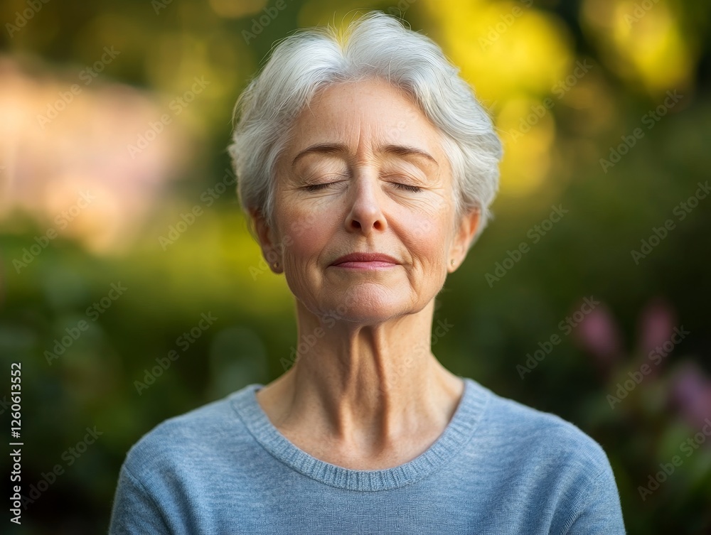 Tranquil senior woman practicing mindfulness with closed eyes in a natural outdoor setting, surrounded by lush greenery and soft light. Emphasizing peace, emotional wellness, and mindful living. Tranquil senior woman practicing mindfulness with closed eyes in a natural outdoor setting, surrounded by lush greenery and soft light. Emphasizing peace, emotional wellness, and mindful living.