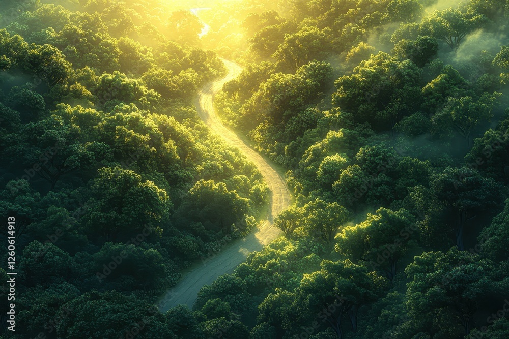 Fototapeta premium Serene Sunlit Forest Path Winding Through Lush Greenery with Golden Morning Light and Misty Atmosphere