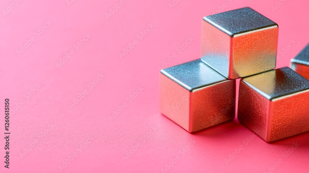 Fototapeta premium Metallic Cubes Gleam Softly Against Pink Background. AI Generated