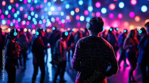 Vibrant Silent Disco Experience in a Dimly Lit Warehouse