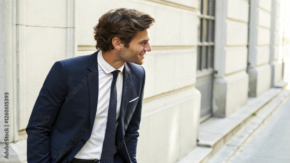 A young businessman dressed in a tailored suit and tie, strolls down the street with a confident smile. The light catches his hair, adding a touch of brilliance to his appearance. A young businessman dressed in a tailored suit and tie, strolls down the street with a confident smile. The light catches his hair, adding a touch of brilliance to his appearance.
