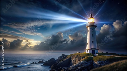 Wallpaper Mural Lighthouse standing tall in the darkness, its beam piercing through the night sky, casting an ethereal glow on the surrounding landscape , Majestic lighthouse, dark night sky Torontodigital.ca