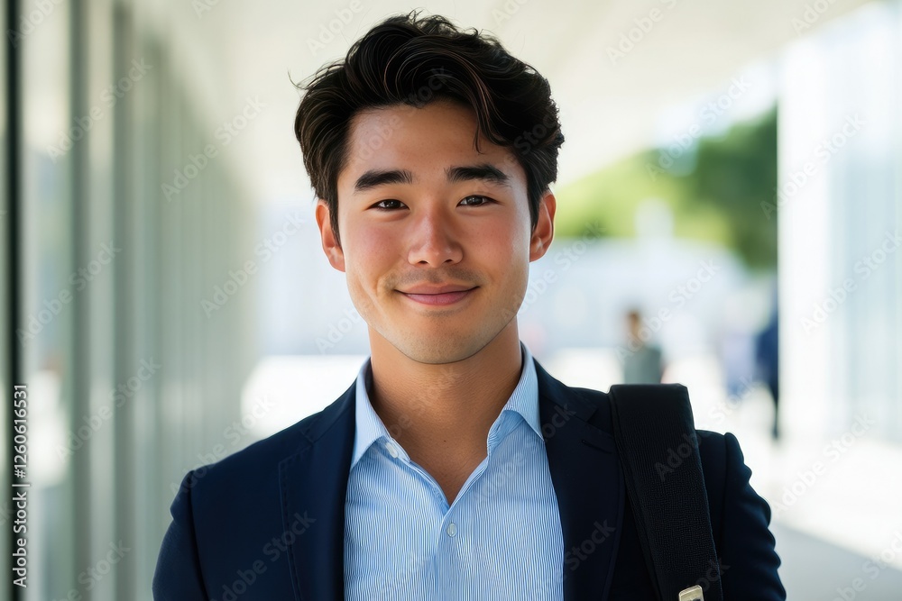 Smiling Asian man, office building headshot, urban background, professional portrait Smiling Asian man, office building headshot, urban background, professional portrait