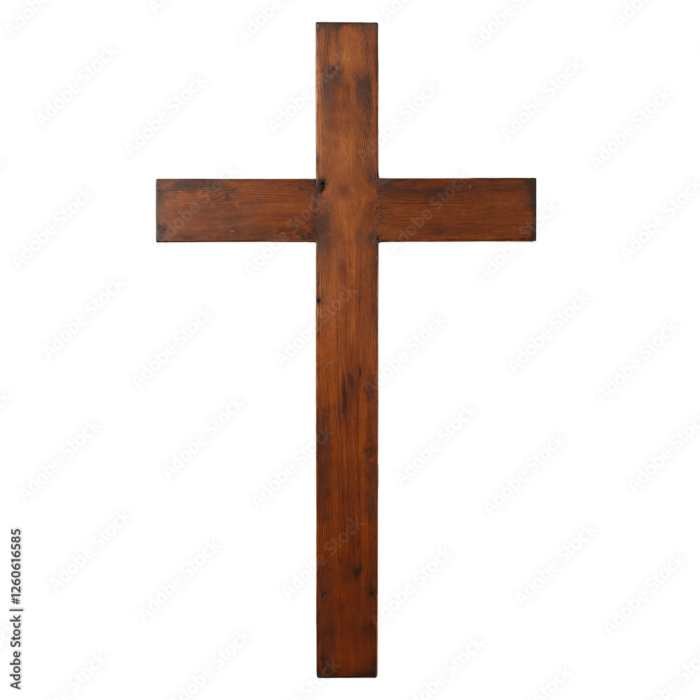 Wooden cross with a rich brown finish on isolated background for spiritual and decorative use Wooden cross with a rich brown finish on isolated background for spiritual and decorative use