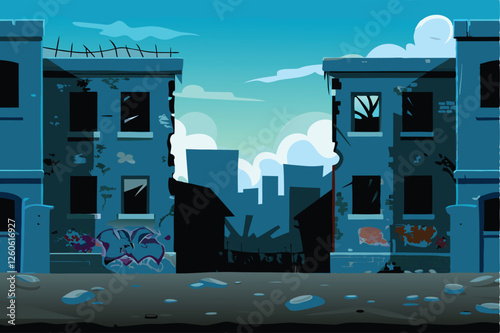 Create a detailed vector illustration of a dilapidated urban slum, showcasing crumbling buildings, overflowing trash, and a sense of poverty.  Include crucial details for realism.