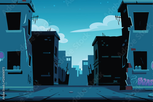 Create a detailed vector illustration of a dilapidated urban slum, showcasing crumbling buildings, overflowing trash, and impoverished living conditions.  Include a prominent, rusted car (CRU).